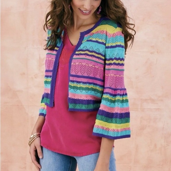 NWT Soft Surroundings Rainbow Striped Cropped Open Cardigan Sweater Large - Picture 1 of 6